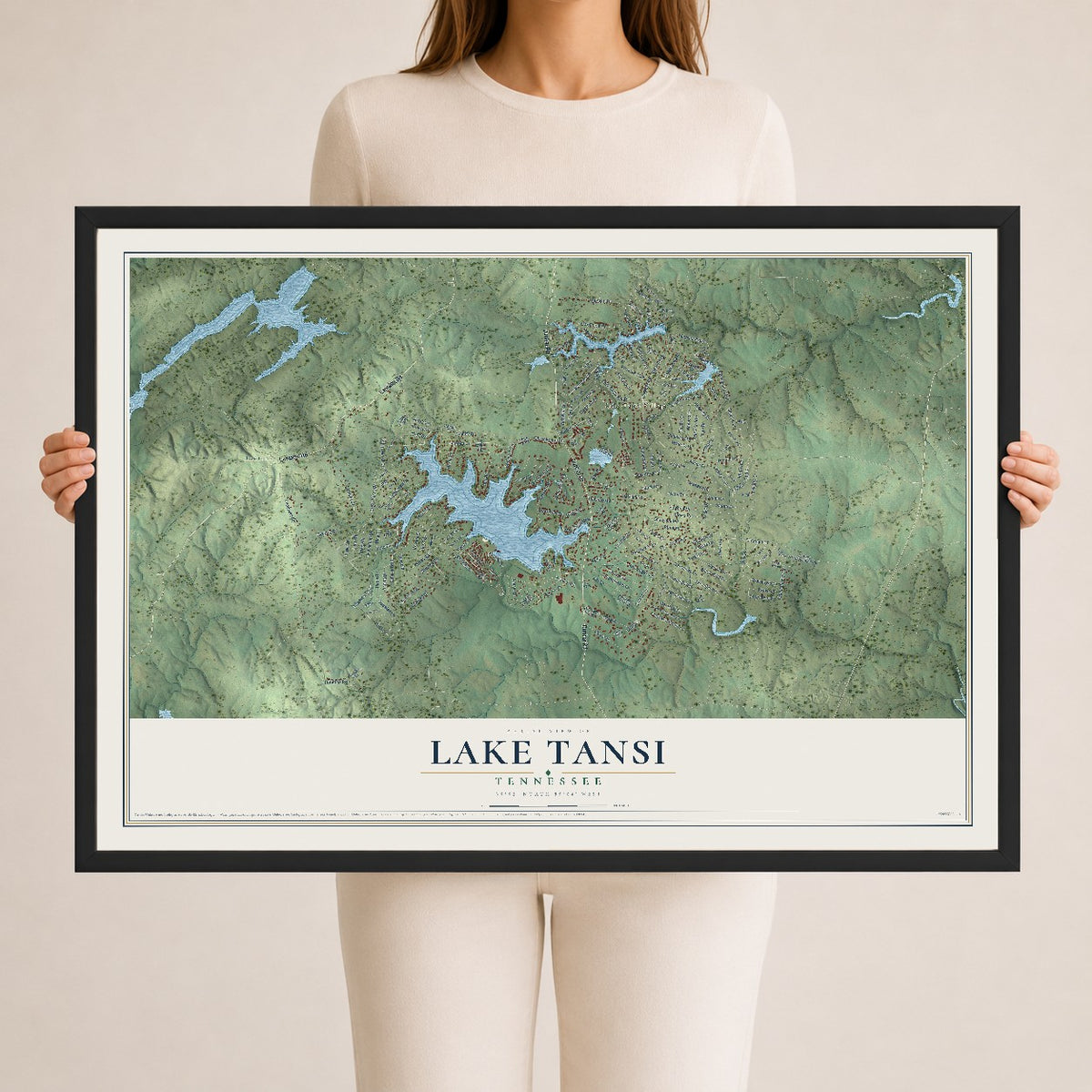 Map of Lake Tansi, Tennessee, 24 x 36 inch print in a black wood frame