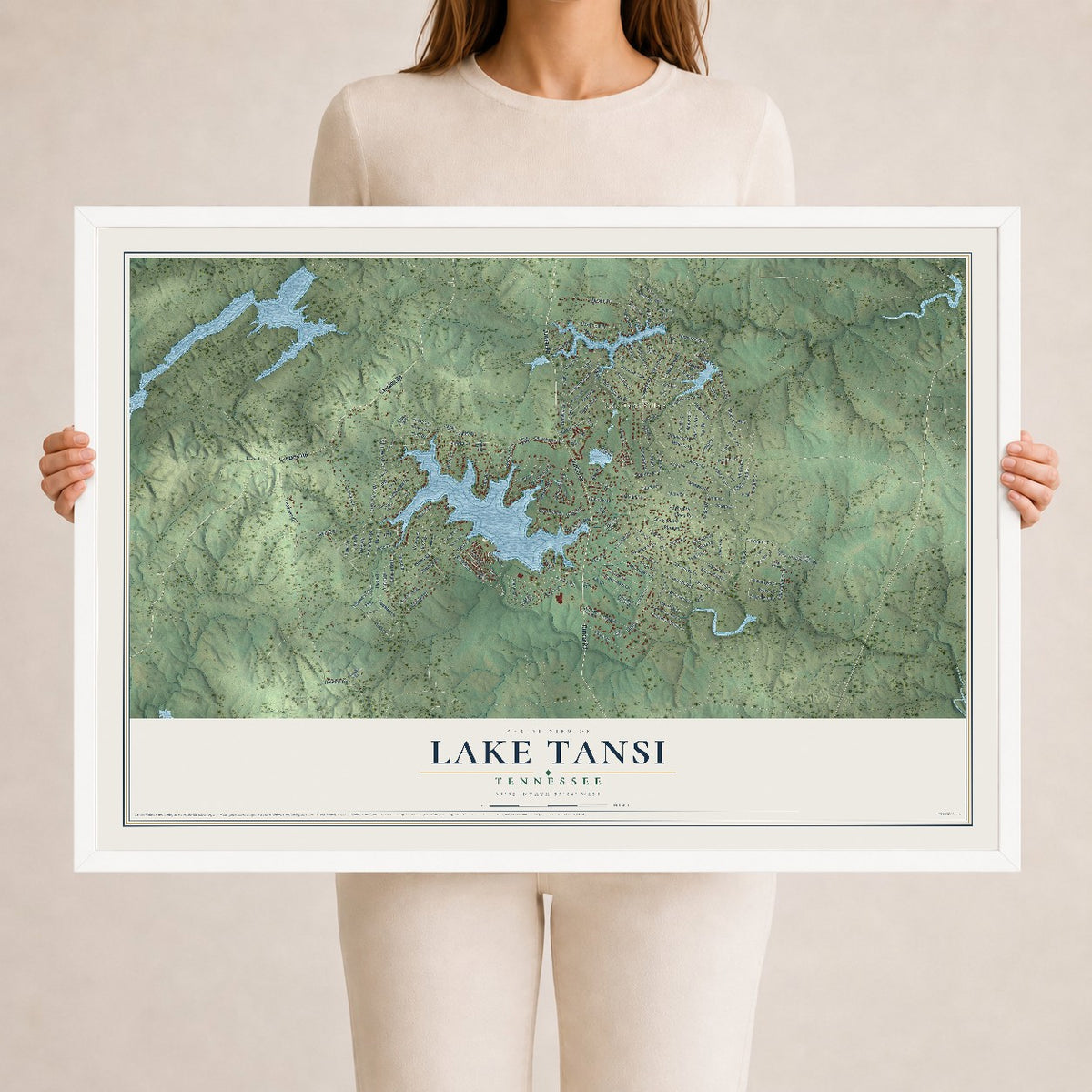 Map of Lake Tansi, Tennessee, 24 x 36 inch print in a white wood frame
