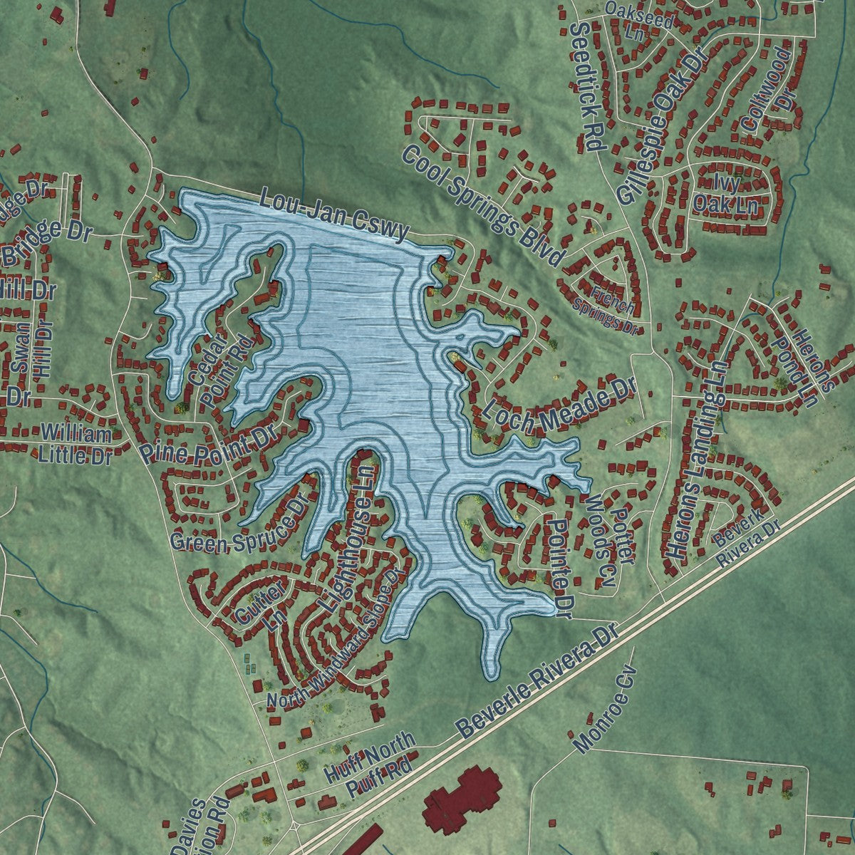 Close-up of the map of Lakeland, Tennessee print showing street and building detail
