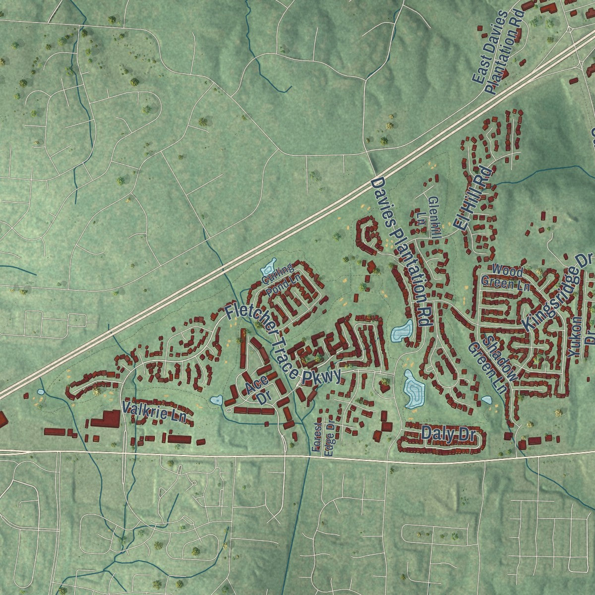 Second close-up of the map of Lakeland, Tennessee print showing more streets and buildings