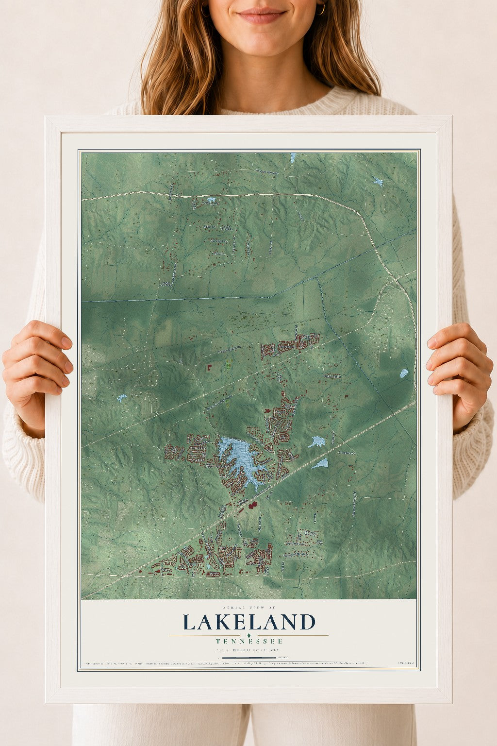 Map of Lakeland, Tennessee, 18 x 24 inch print in a white wood frame