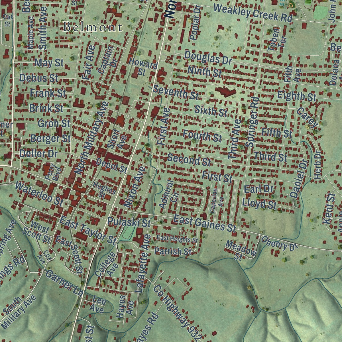 Close-up of the map of Lawrenceburg, Tennessee print showing street and building detail