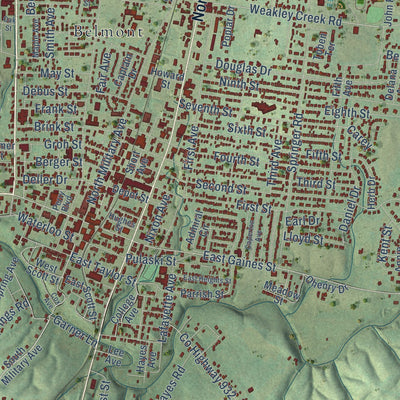 Close-up of the map of Lawrenceburg, Tennessee print showing street and building detail