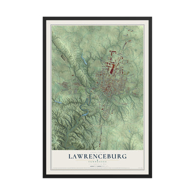 Map of Lawrenceburg, Tennessee, 12 x 18 inch print in a black wood frame