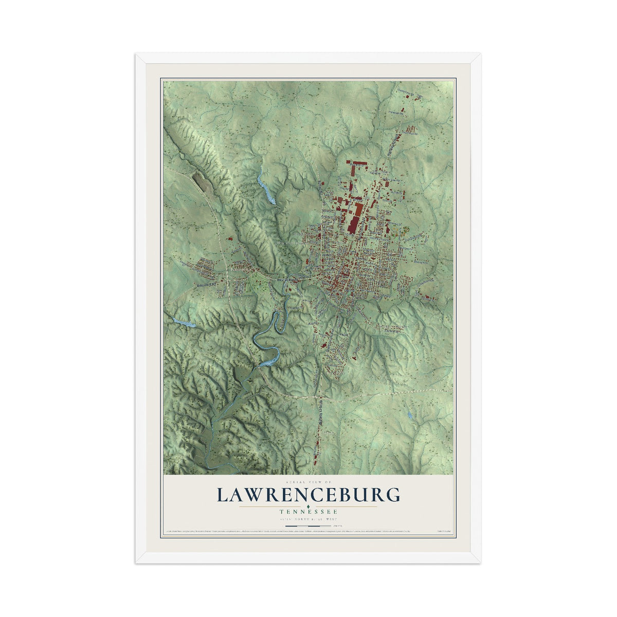 Map of Lawrenceburg, Tennessee, 12 x 18 inch print in a white wood frame