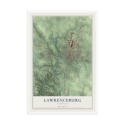 Map of Lawrenceburg, Tennessee, 12 x 18 inch print in a white wood frame