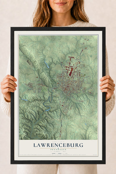 Map of Lawrenceburg, Tennessee, 18 x 24 inch print in a black wood frame