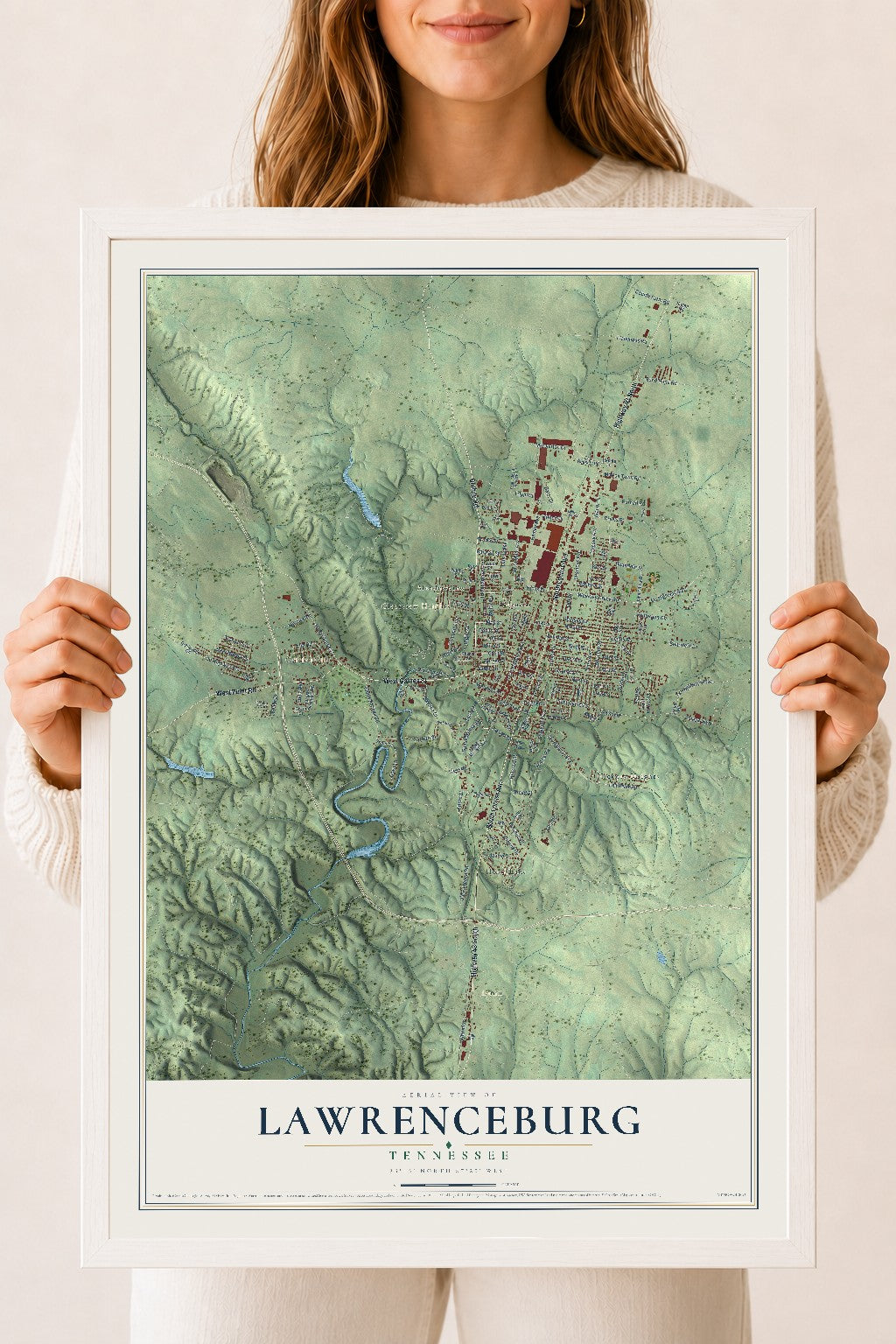 Map of Lawrenceburg, Tennessee, 18 x 24 inch print in a white wood frame