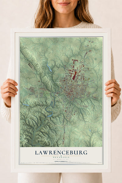 Map of Lawrenceburg, Tennessee, 18 x 24 inch print in a white wood frame
