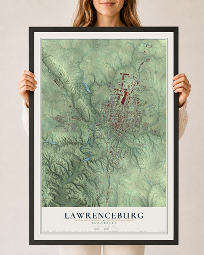 Map of Lawrenceburg, Tennessee, 24 x 36 inch print in a black wood frame