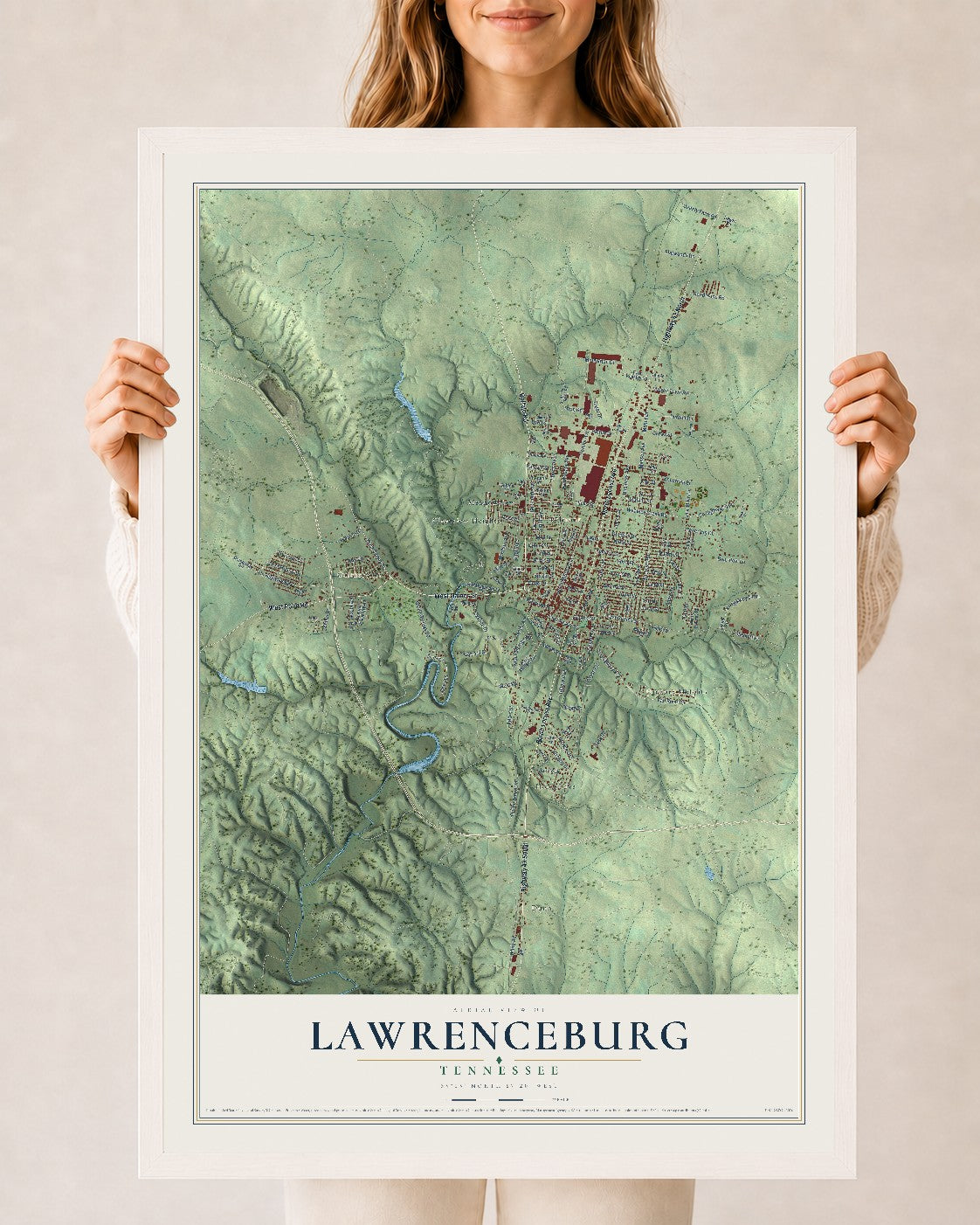 Map of Lawrenceburg, Tennessee, 24 x 36 inch print in a white wood frame