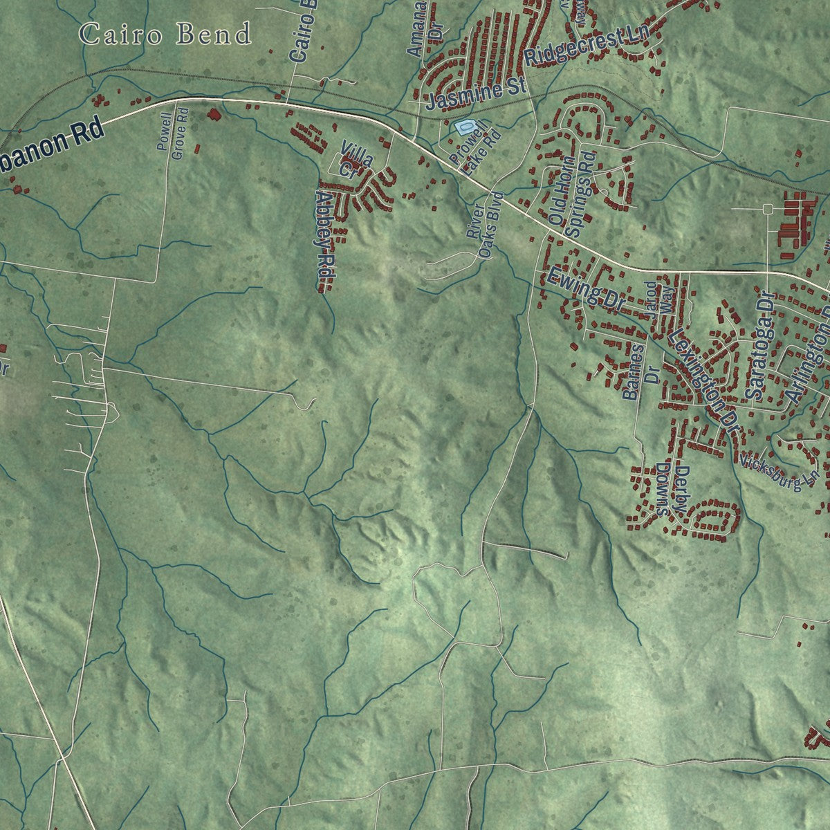 Second close-up of the map of Lebanon, Tennessee print showing more streets and buildings
