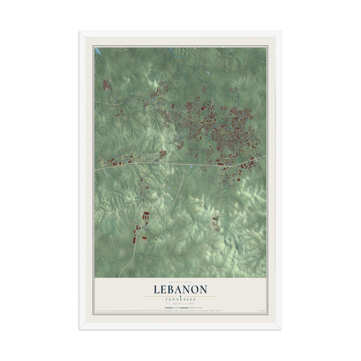 Map of Lebanon, Tennessee, 12 x 18 inch print in a white wood frame