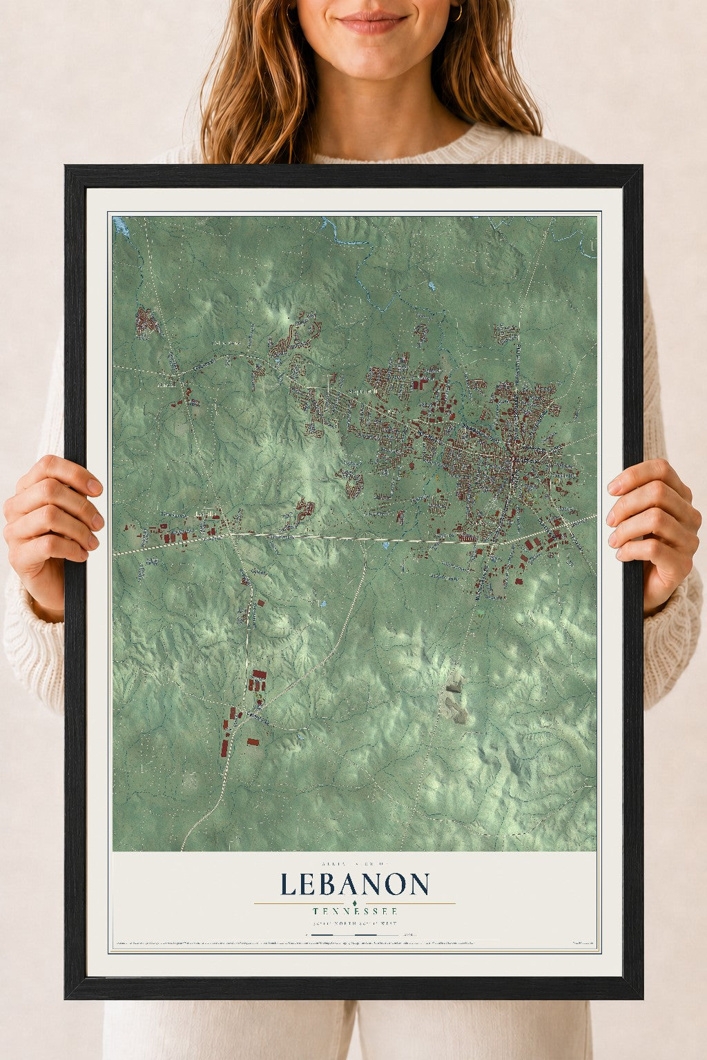 Map of Lebanon, Tennessee, 18 x 24 inch print in a black wood frame