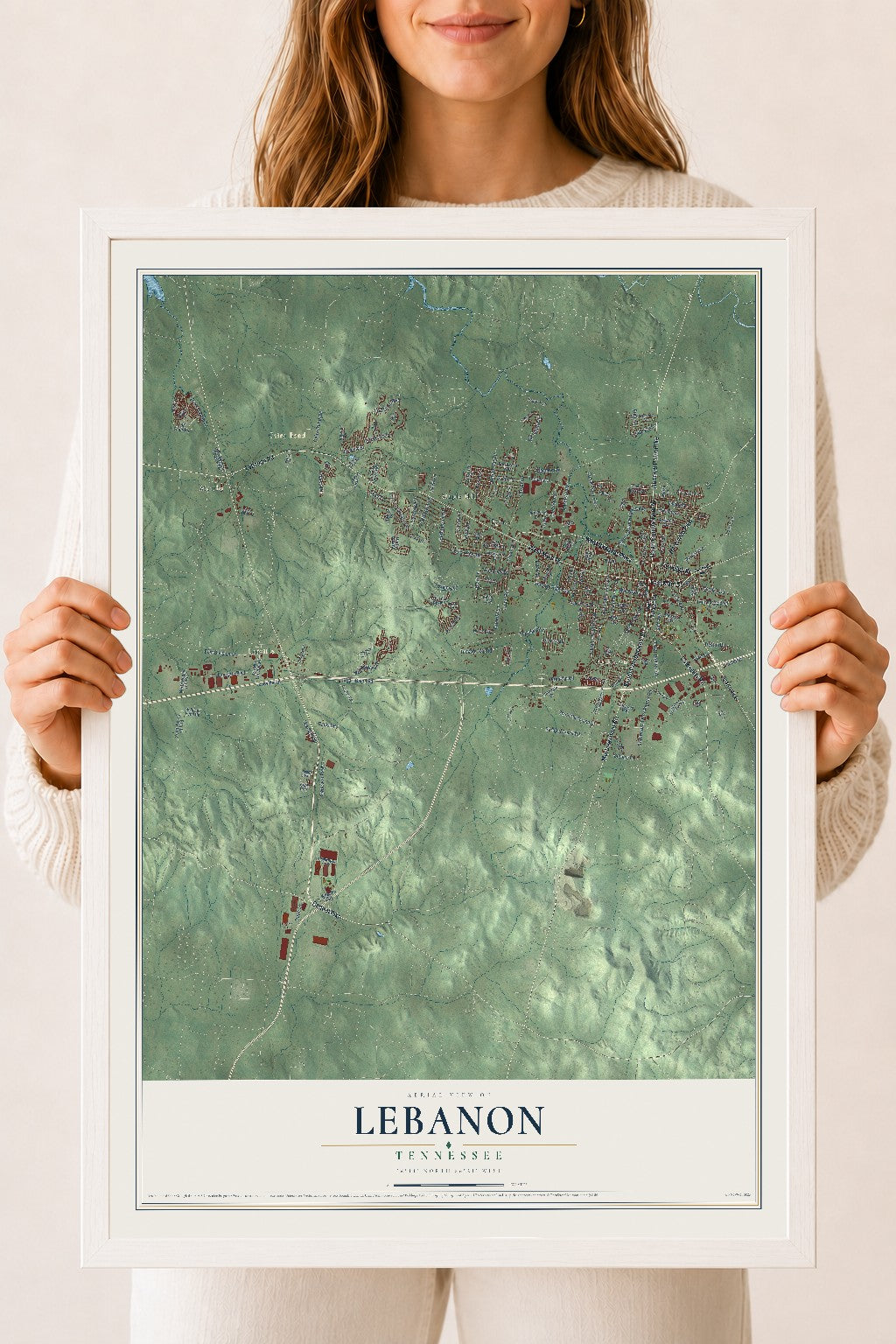 Map of Lebanon, Tennessee, 18 x 24 inch print in a white wood frame