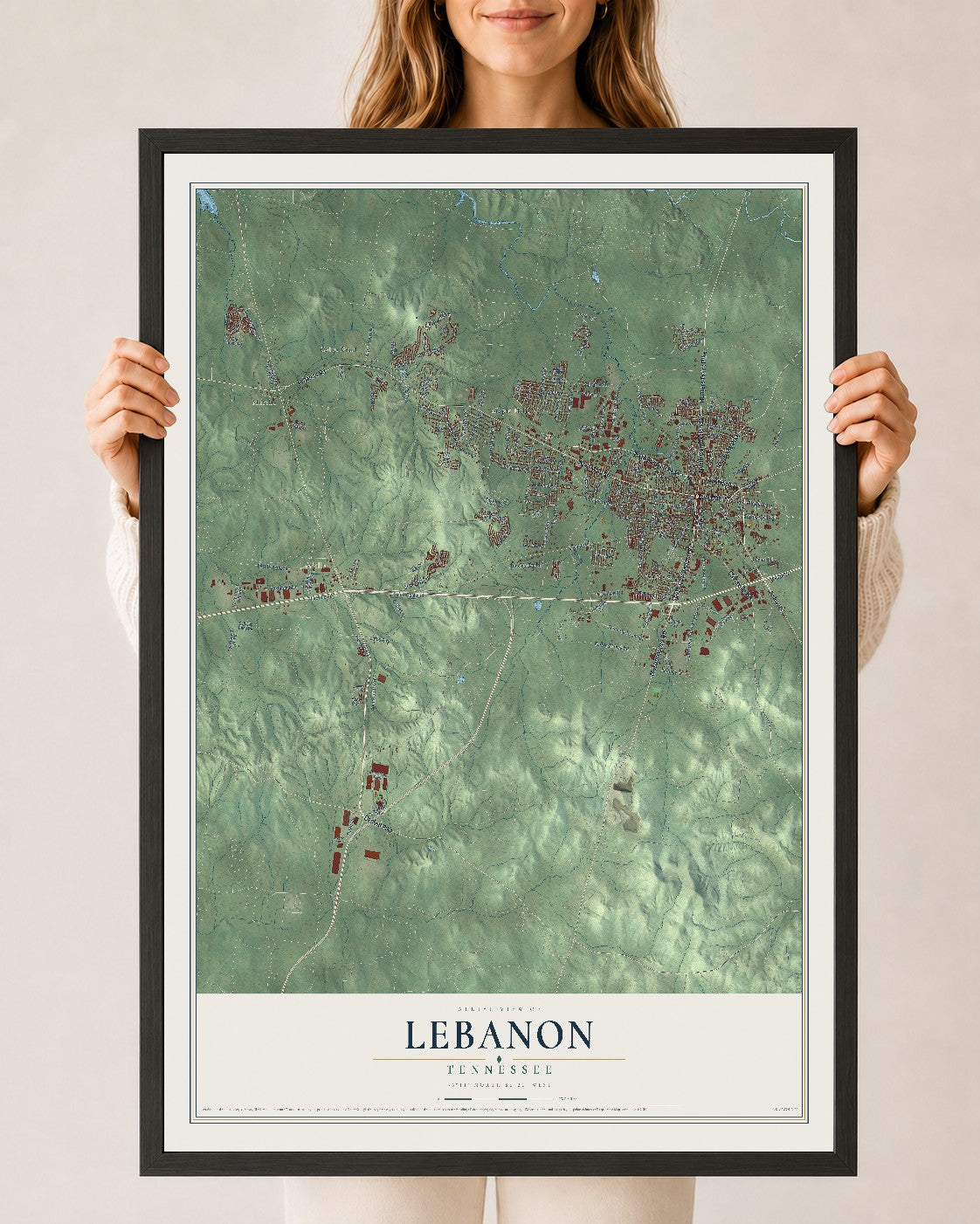 Map of Lebanon, Tennessee, 24 x 36 inch print in a black wood frame