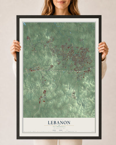 Map of Lebanon, Tennessee, 24 x 36 inch print in a black wood frame