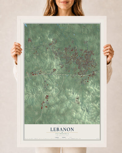 Map of Lebanon, Tennessee, 24 x 36 inch print in a white wood frame