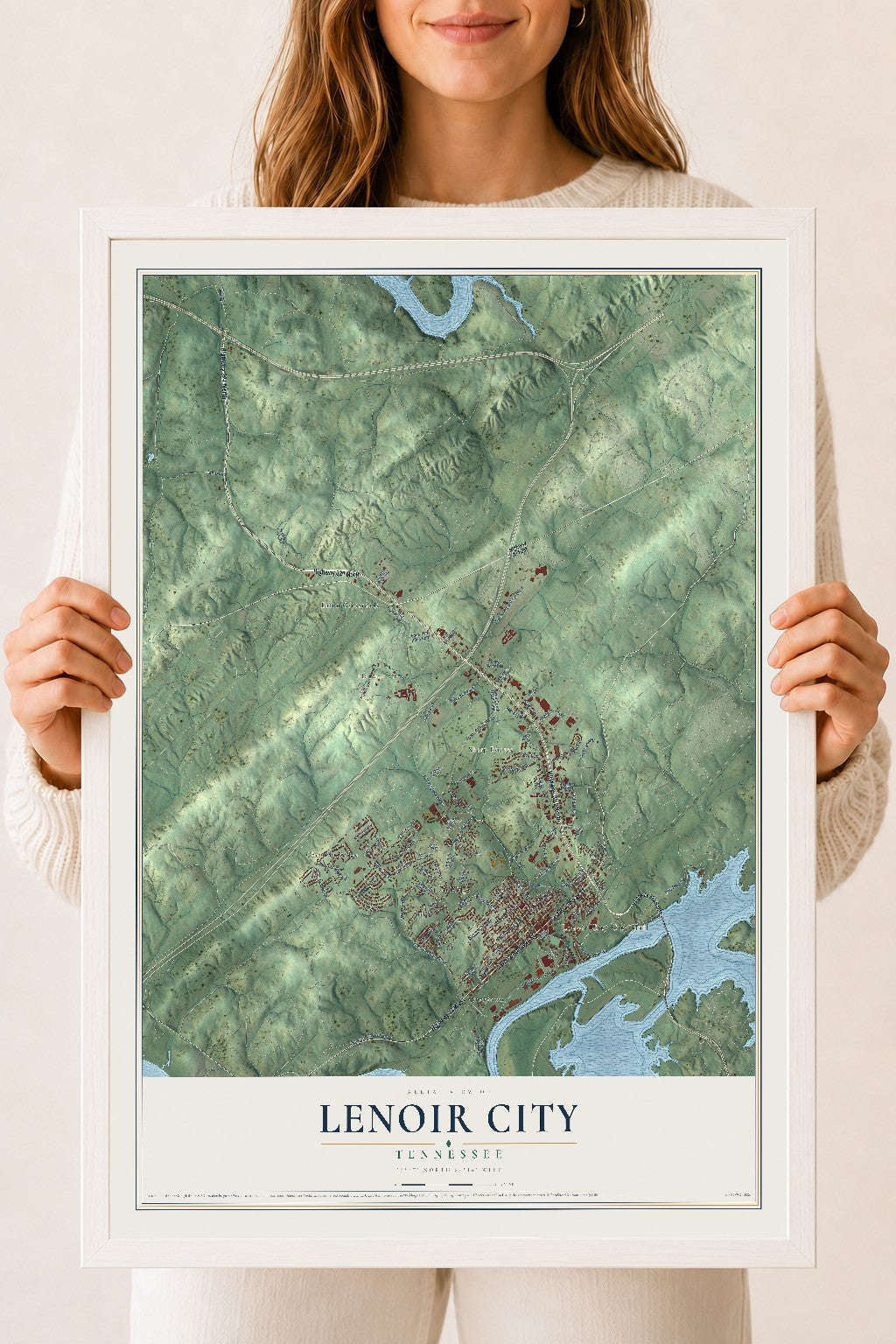 Map of Lenoir City, Tennessee, 18 x 24 inch print in a white wood frame