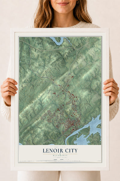 Map of Lenoir City, Tennessee, 18 x 24 inch print in a white wood frame