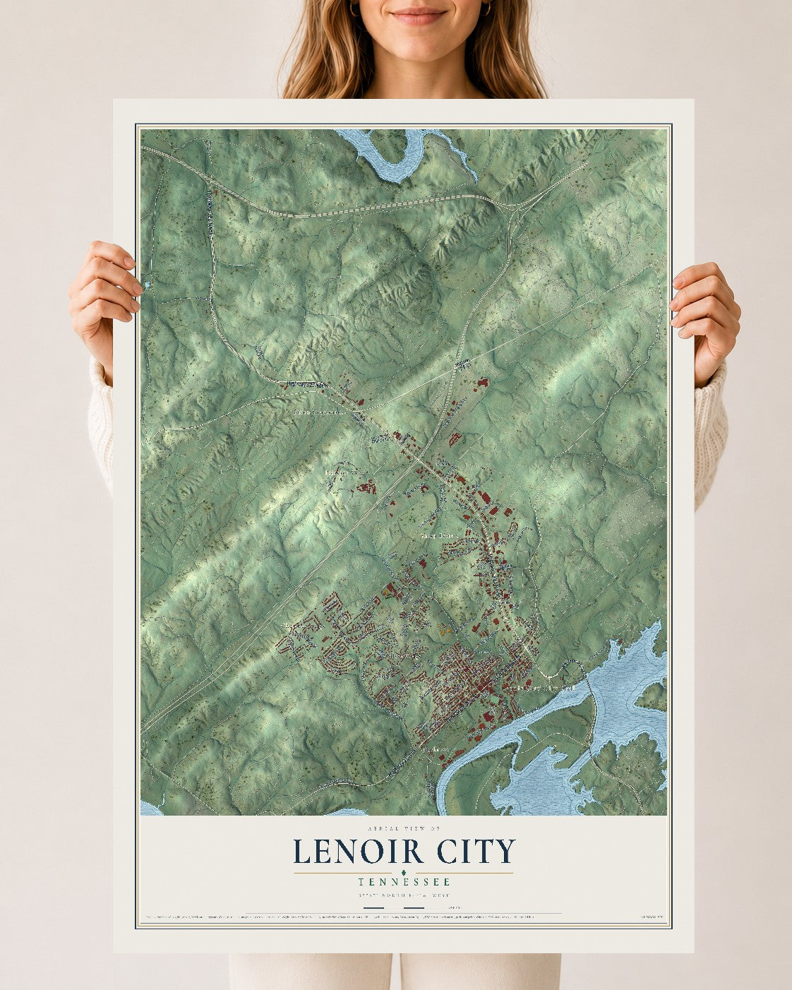 Map of Lenoir City, Tennessee, 24 x 36 inch unframed archival matte print