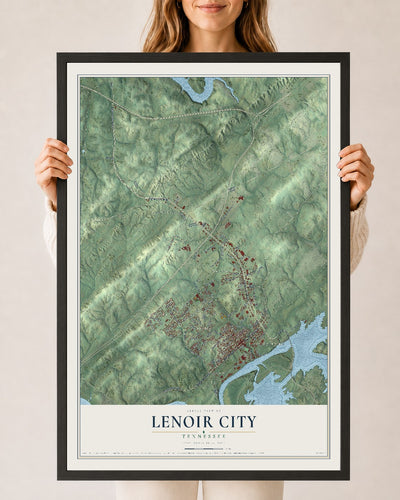 Map of Lenoir City, Tennessee, 24 x 36 inch print in a black wood frame