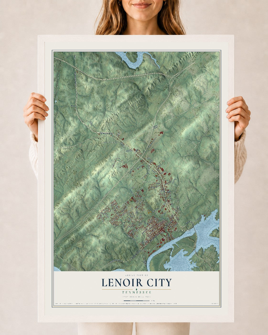 Map of Lenoir City, Tennessee, 24 x 36 inch print in a white wood frame