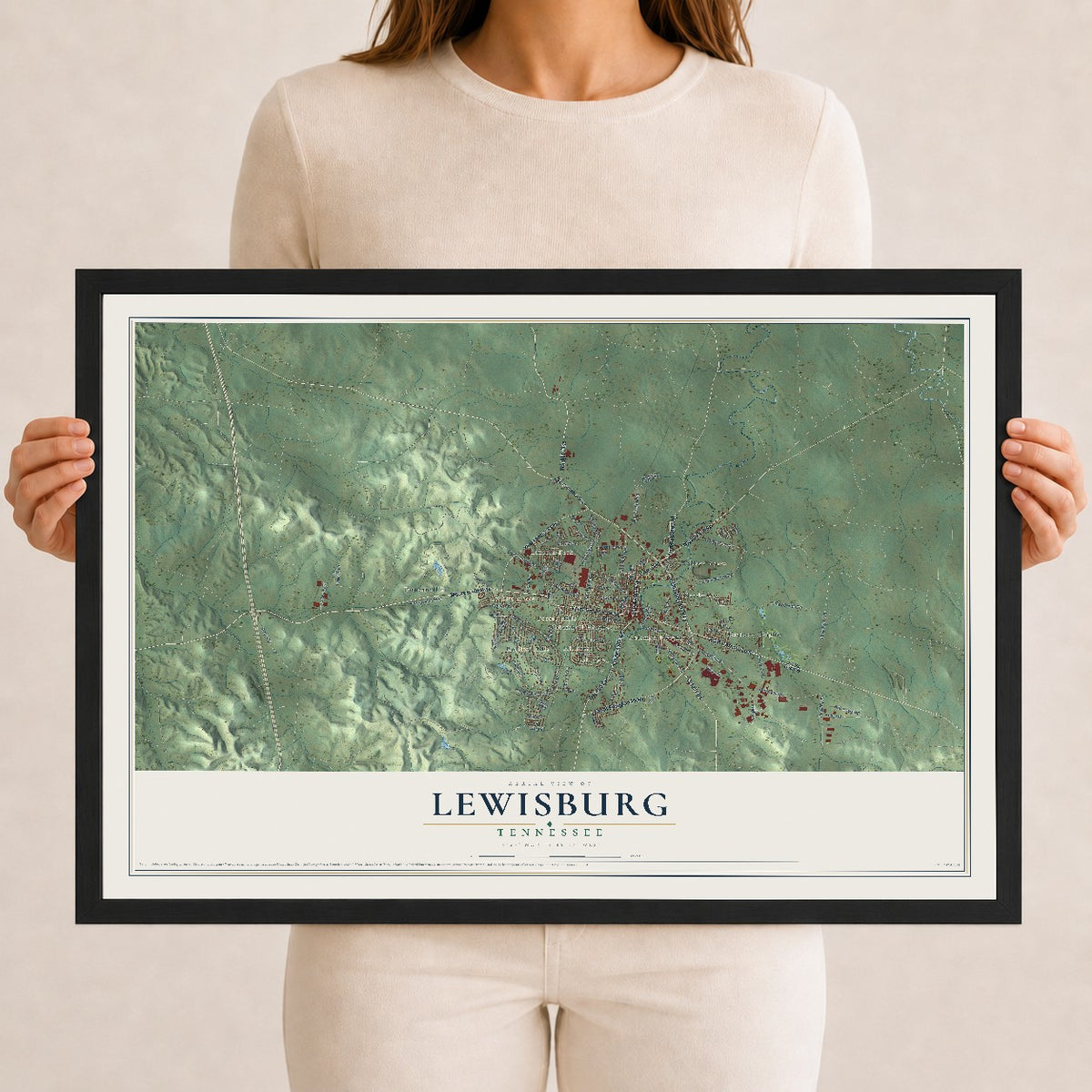 Map of Lewisburg, Tennessee, 12 x 18 inch print in a black wood frame