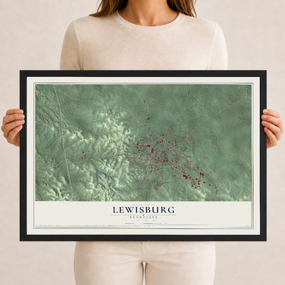 Map of Lewisburg, Tennessee, 12 x 18 inch print in a black wood frame