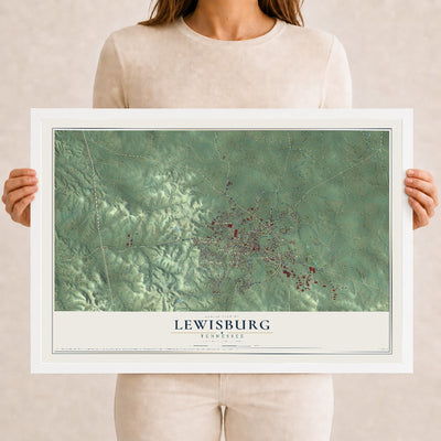 Map of Lewisburg, Tennessee, 12 x 18 inch print in a white wood frame
