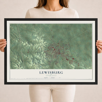 Map of Lewisburg, Tennessee, 18 x 24 inch print in a black wood frame