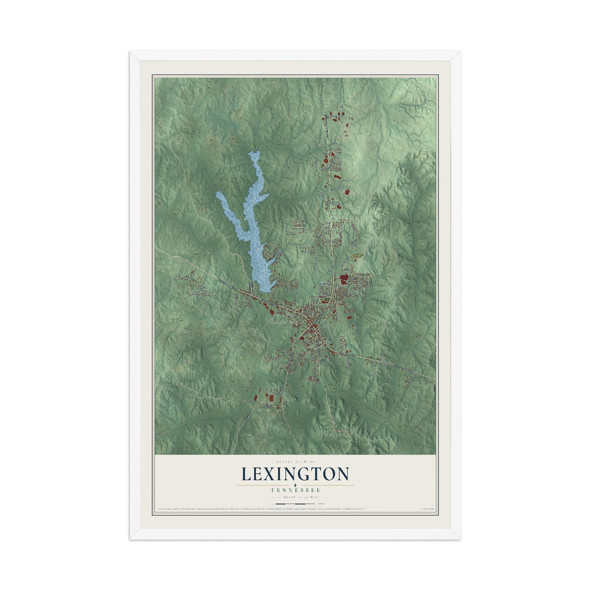 Map of Lexington, Tennessee, 12 x 18 inch print in a white wood frame