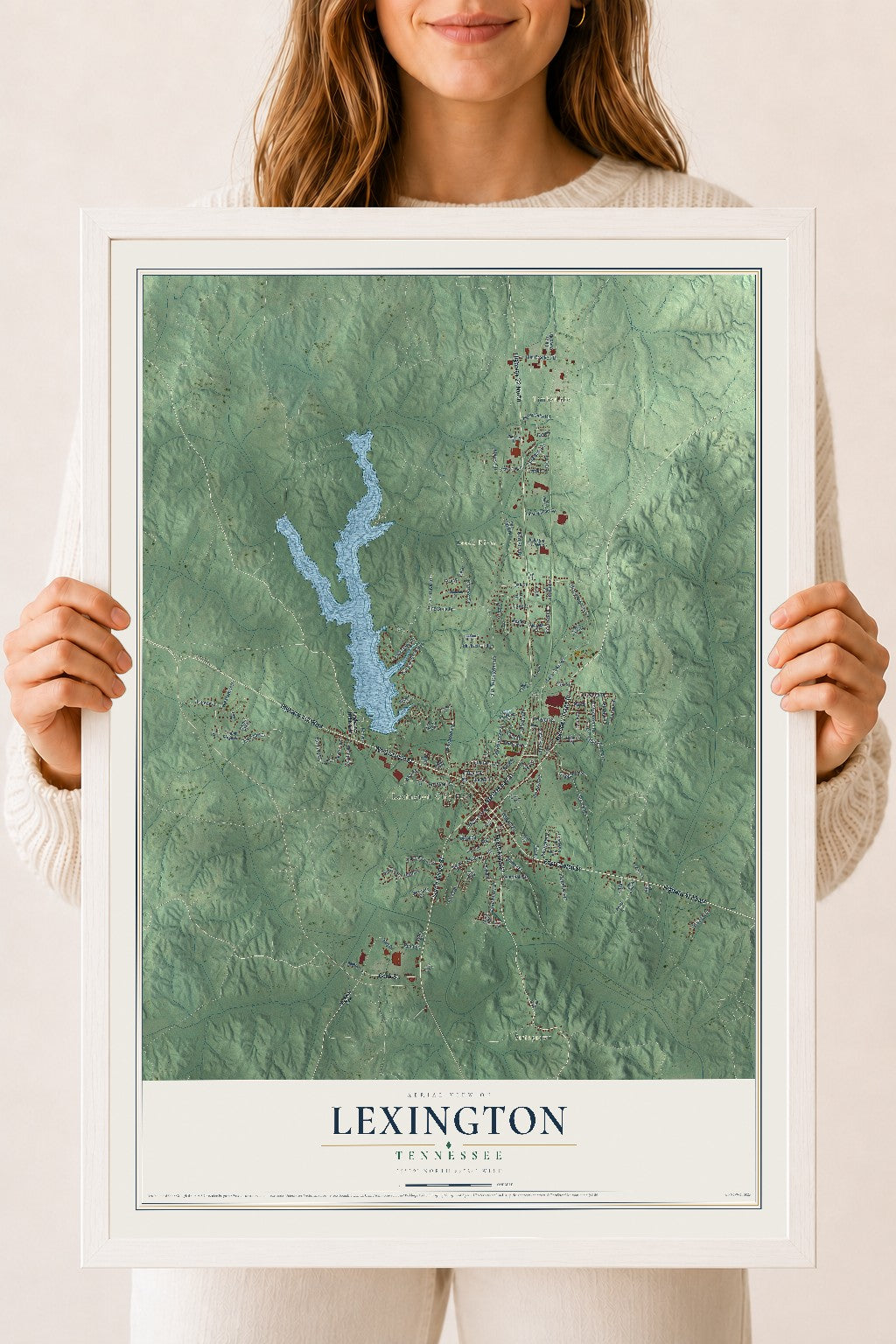 Map of Lexington, Tennessee, 18 x 24 inch print in a white wood frame