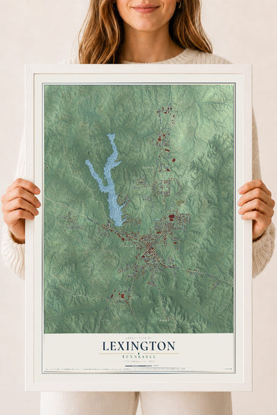 Map of Lexington, Tennessee, 18 x 24 inch print in a white wood frame