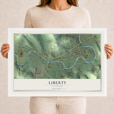 Map of Liberty, Tennessee, 12 x 18 inch print in a white wood frame