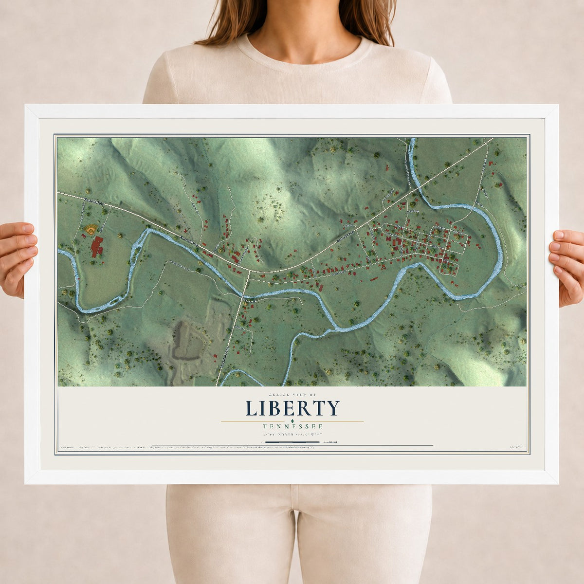 Map of Liberty, Tennessee, 18 x 24 inch print in a white wood frame