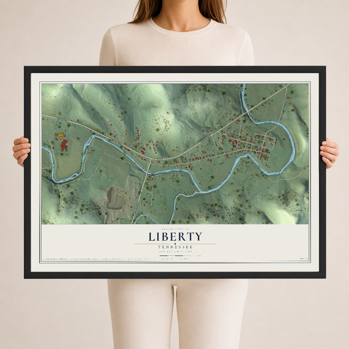 Map of Liberty, Tennessee, 24 x 36 inch print in a black wood frame