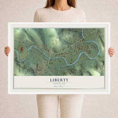 Map of Liberty, Tennessee, 24 x 36 inch print in a white wood frame