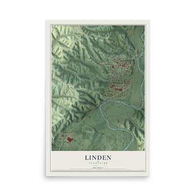 Map of Linden, Tennessee, 12 x 18 inch unframed archival matte print