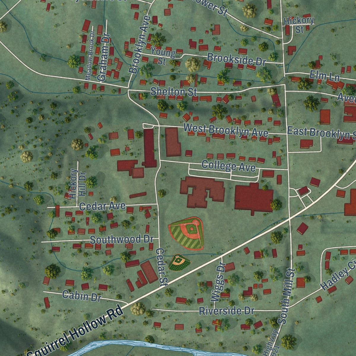 Close-up of the map of Linden, Tennessee print showing street and building detail