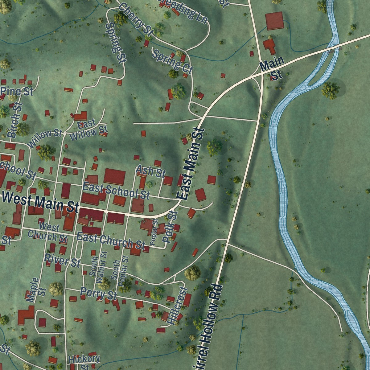 Second close-up of the map of Linden, Tennessee print showing more streets and buildings