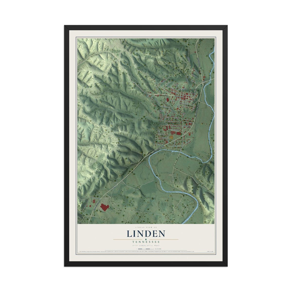 Map of Linden, Tennessee, 12 x 18 inch print in a black wood frame