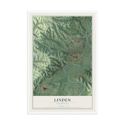 Map of Linden, Tennessee, 12 x 18 inch print in a white wood frame