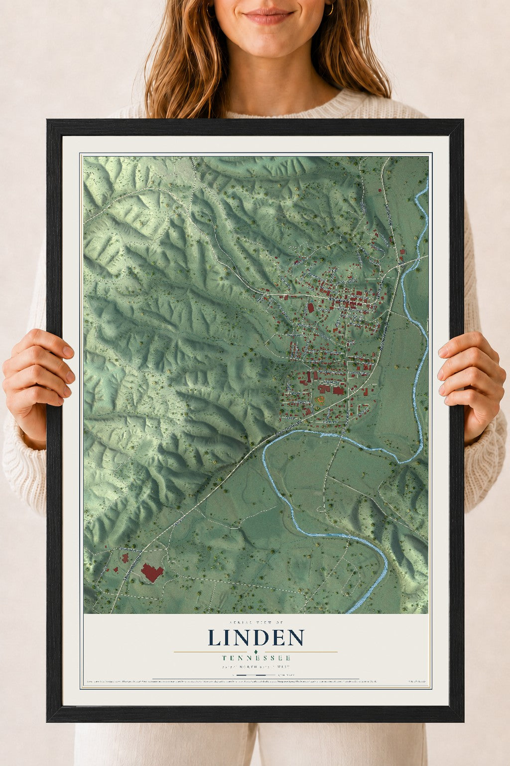 Map of Linden, Tennessee, 18 x 24 inch print in a black wood frame