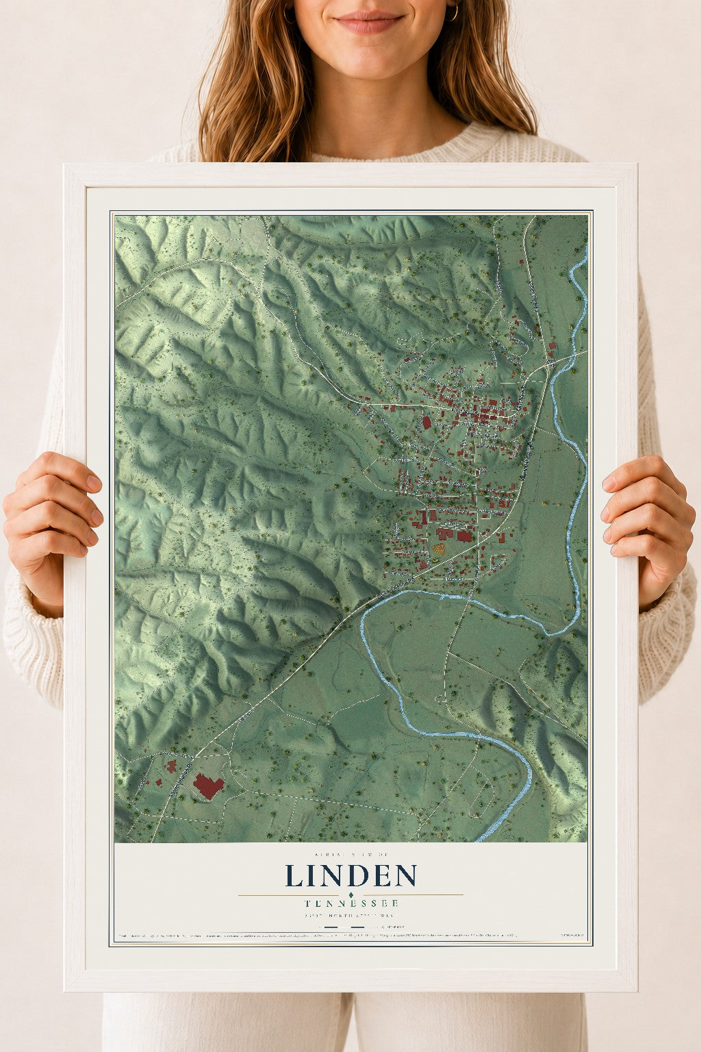 Map of Linden, Tennessee, 18 x 24 inch print in a white wood frame