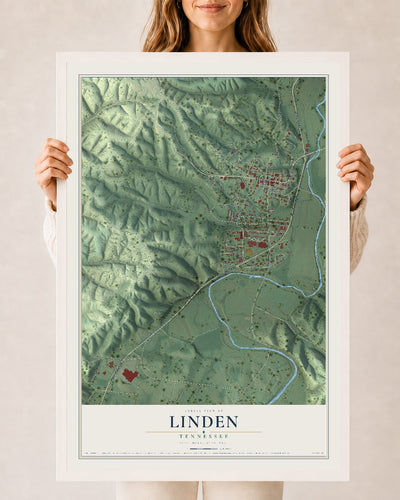 Map of Linden, Tennessee, 24 x 36 inch print in a white wood frame