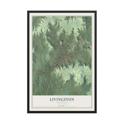 Map of Livingston, Tennessee, 12 x 18 inch print in a black wood frame