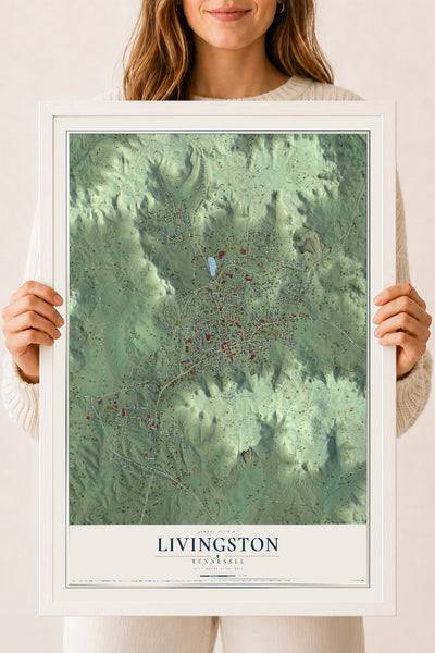 Map of Livingston, Tennessee, 18 x 24 inch print in a white wood frame
