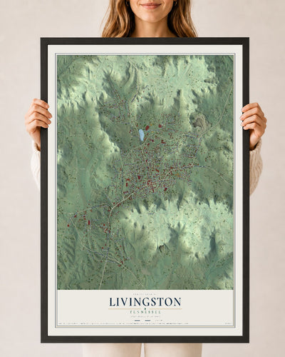 Map of Livingston, Tennessee, 24 x 36 inch print in a black wood frame
