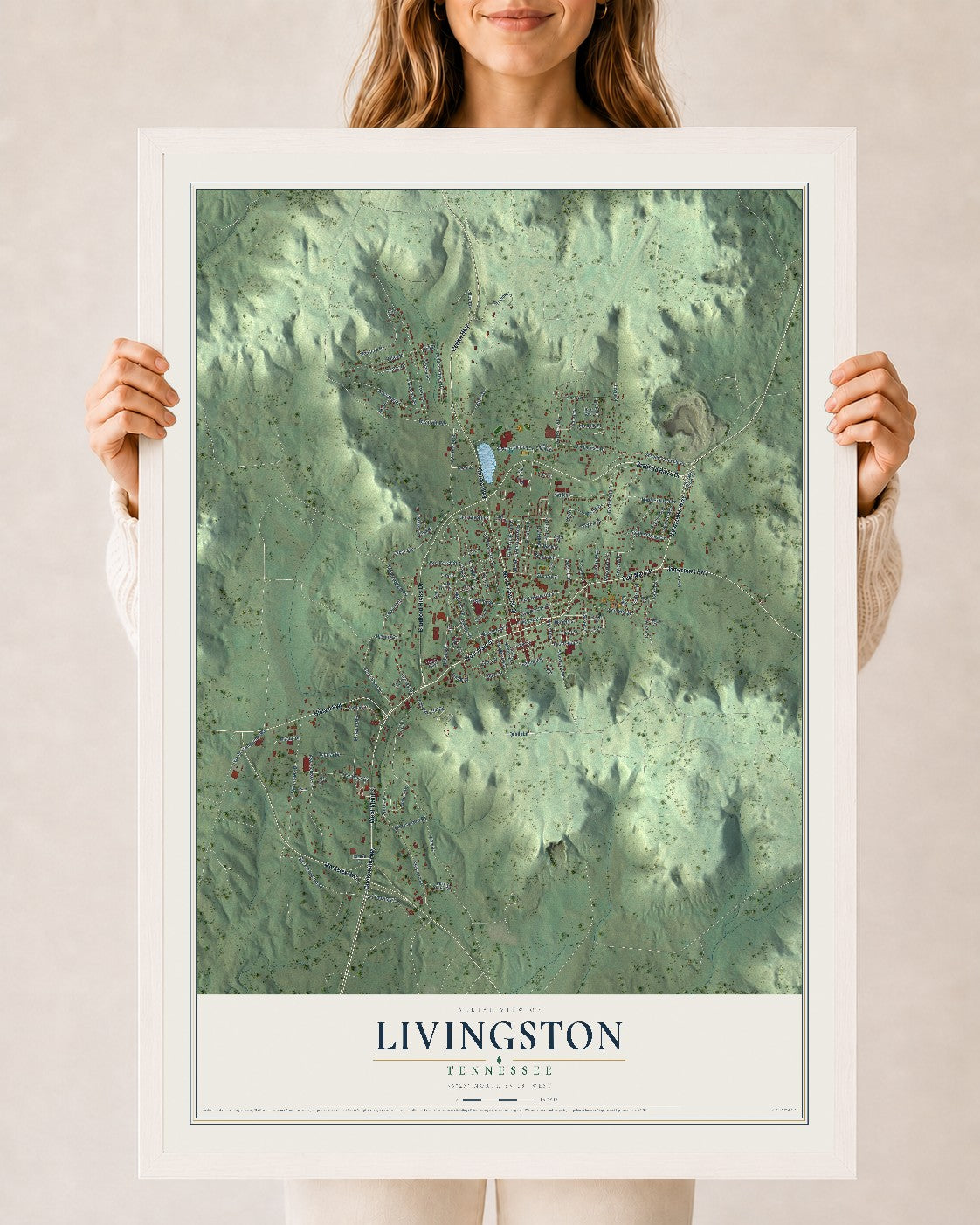 Map of Livingston, Tennessee, 24 x 36 inch print in a white wood frame